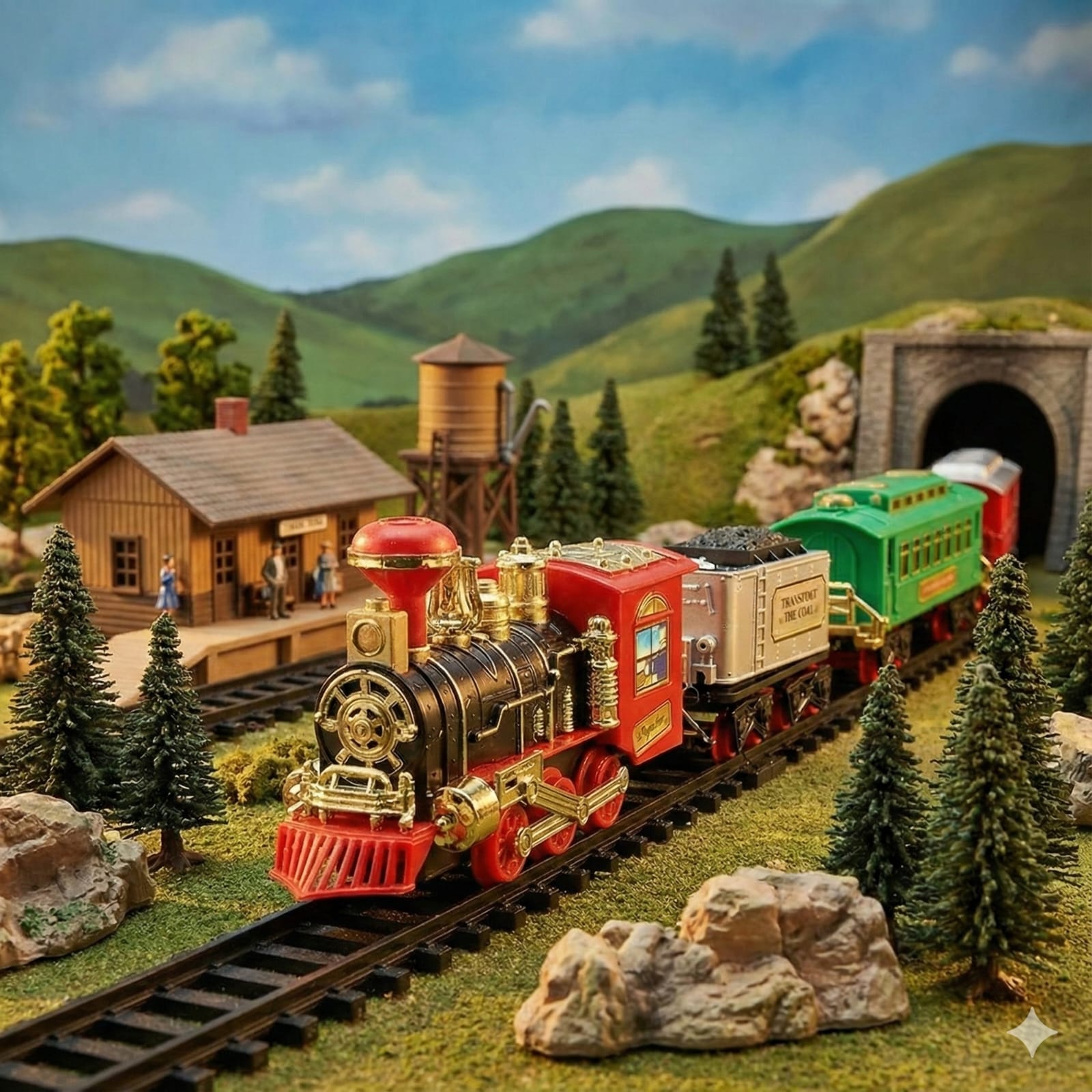 Toy train with track set